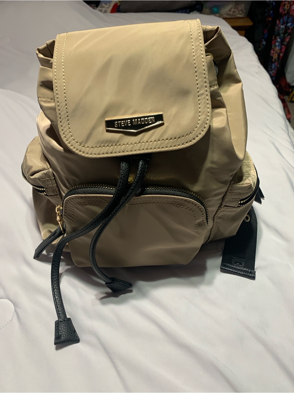 Steve Madden Beige Nylon Mini Backpack with Black Trim